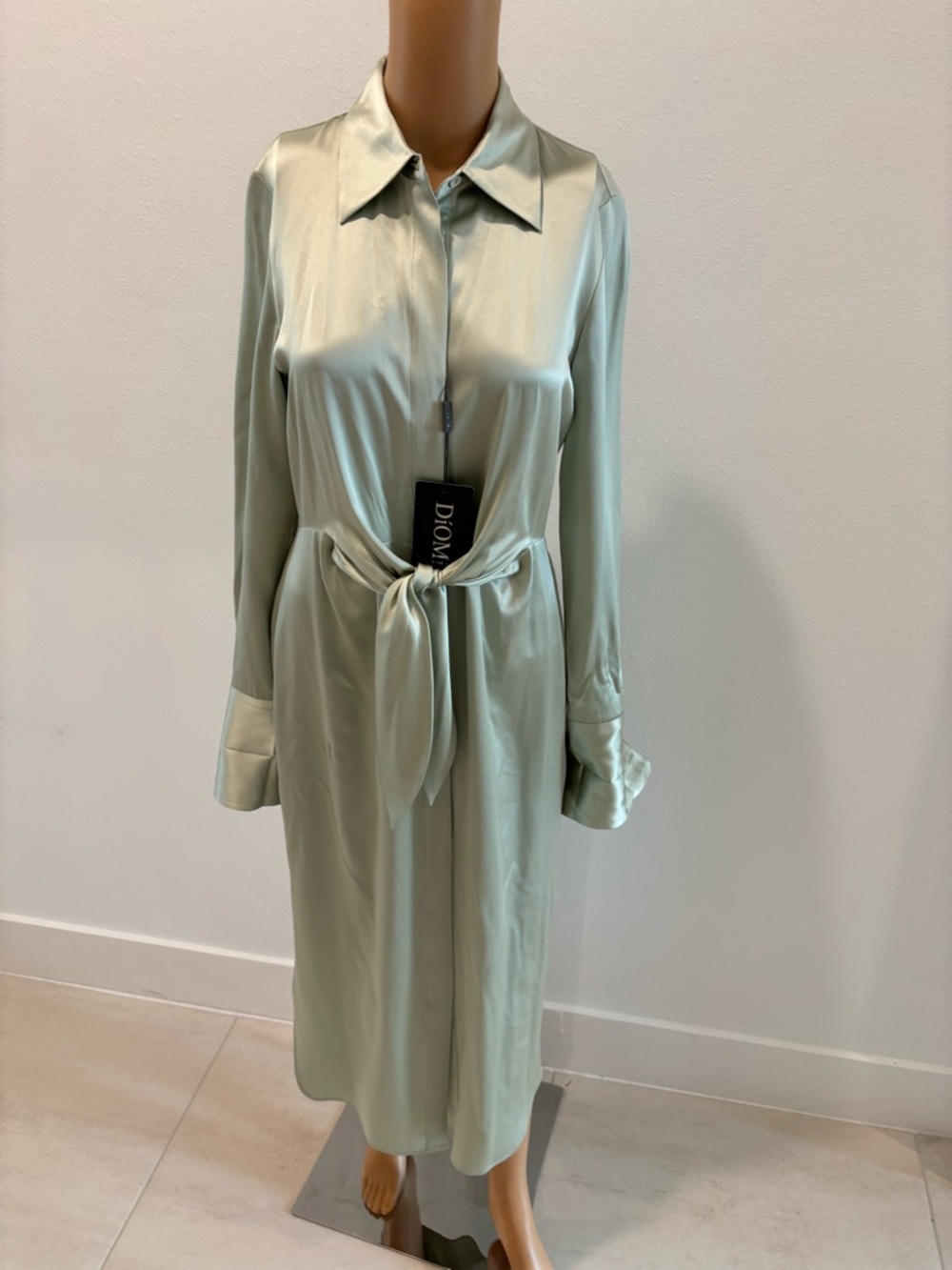 Diomi mint Satin Shirt Dress with Tie Waist